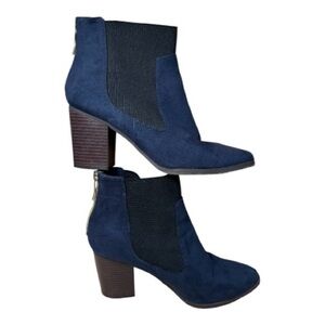 Fioni Navy Blue classic suede look back zipper ankle boots chunky heel booties